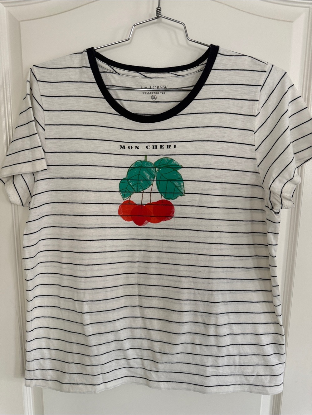 J. Crew White Striped Tee with Cherry Graphic